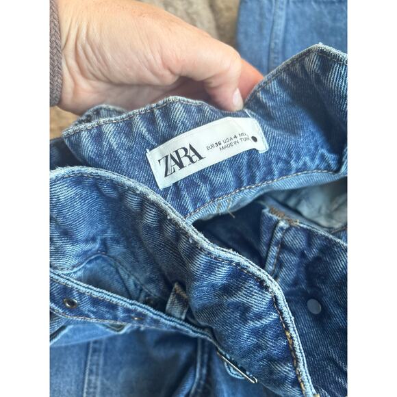 Zara Pleated Paperbag Wide Leg Jeans Size 4 Baggy High Rise Belted Barrel Denim - Picture 5 of 11